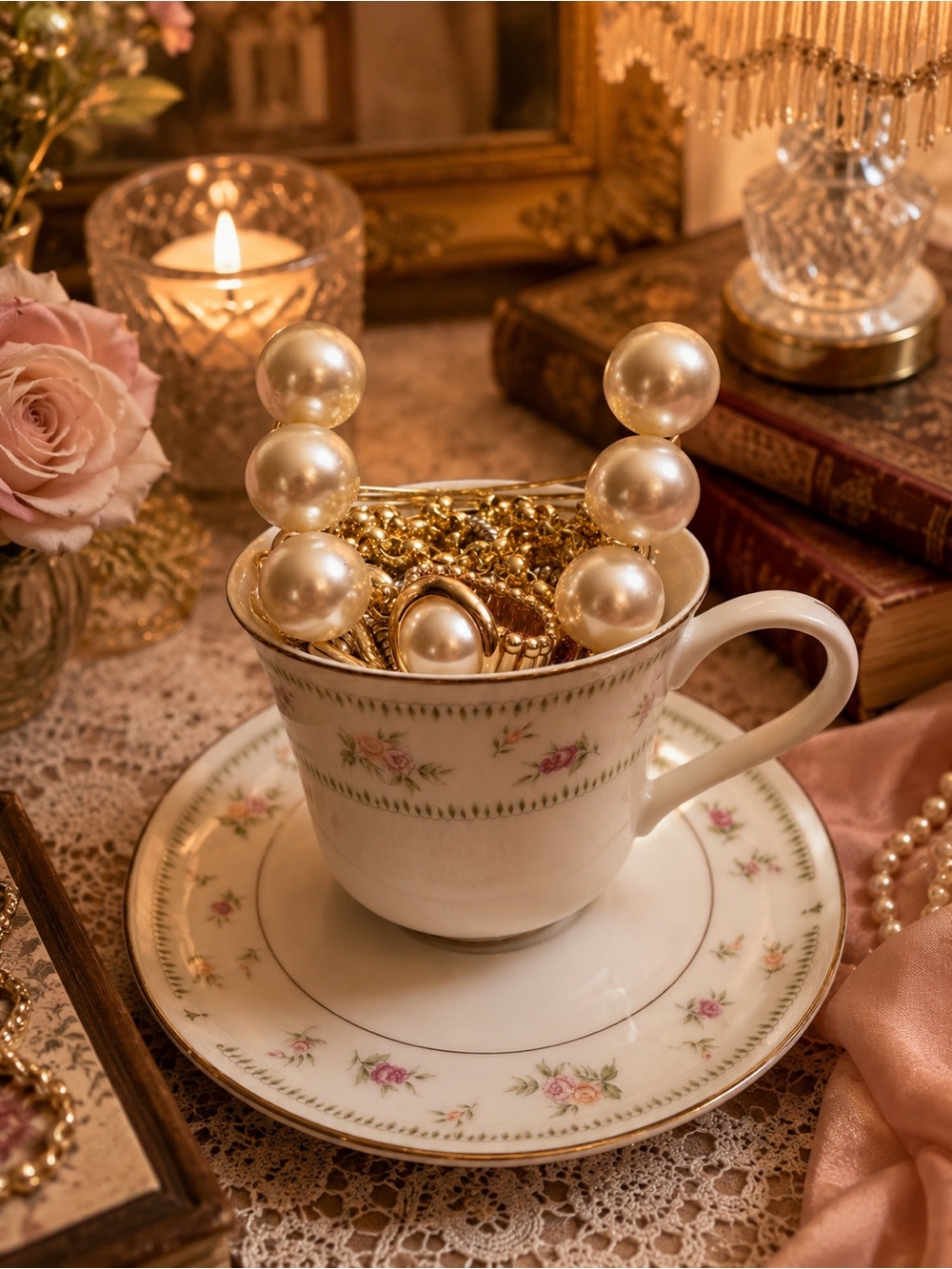 Gold tone mystery jewelry in a Vintage Abingdon cup & saucer